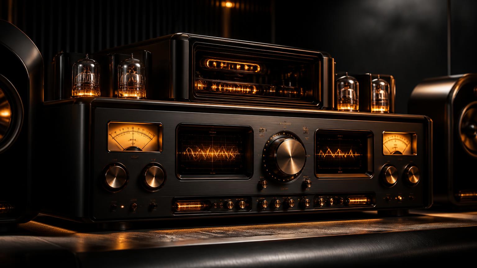 A retro-futuristic hi-fi console with glowing amber meters